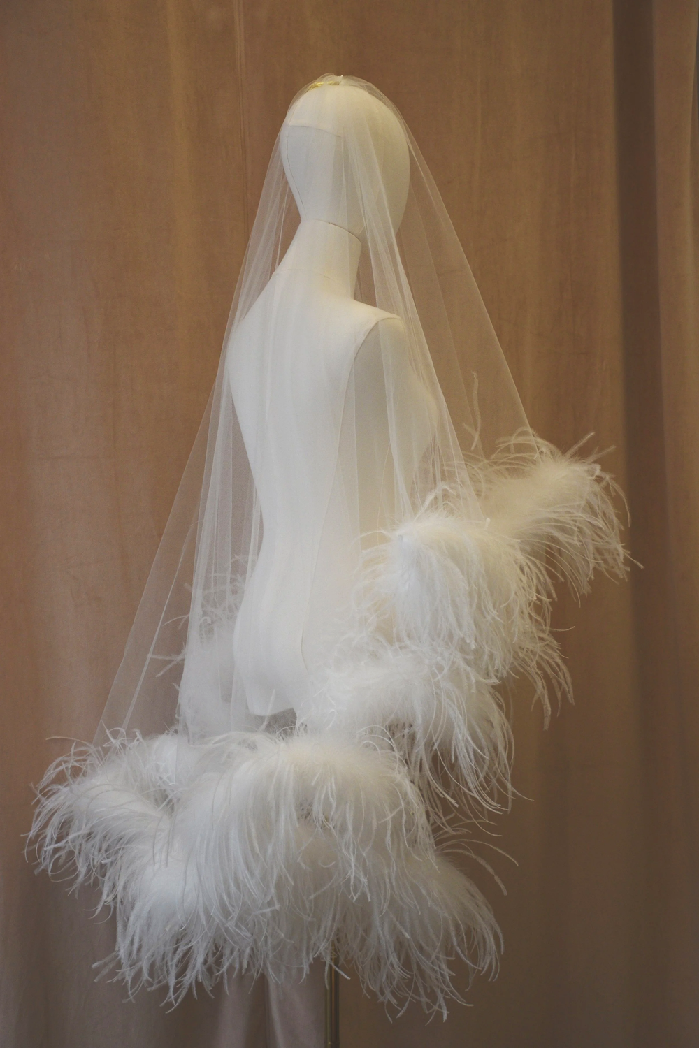 White Ostrich Feather Trim Bridal Veil Bridal Veil 68